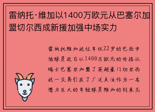 雷纳托·维加以1400万欧元从巴塞尔加盟切尔西成新援加强中场实力