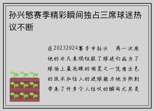 孙兴慜赛季精彩瞬间独占三席球迷热议不断